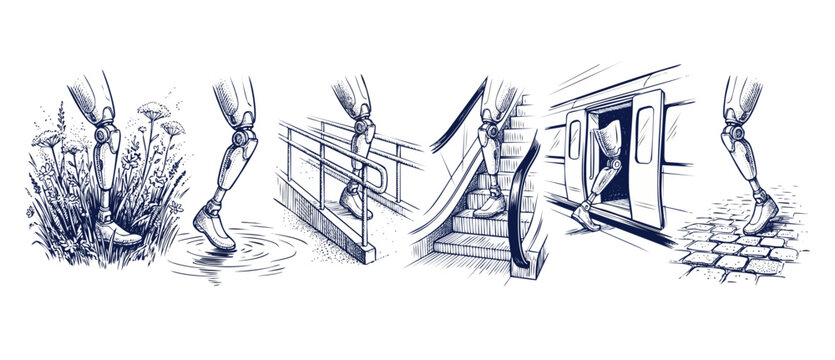 Prosthetic leg line art sketch showing bionic limb daily life walking through nature grass, puddles, access ramps, stairs, subway trains, and cobblestones representing accessibility mobility freedom.