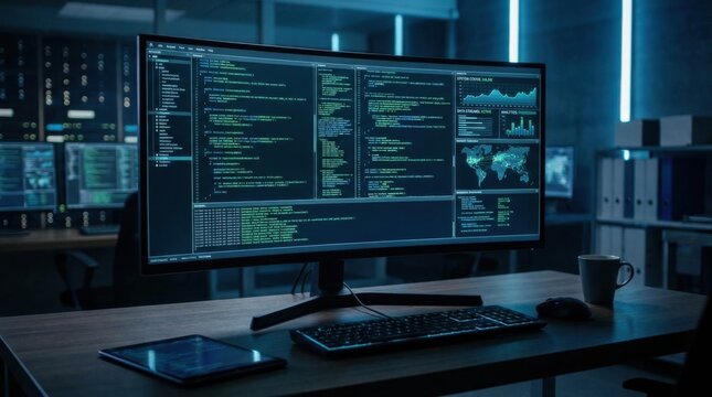 Programming code dashboard screen for digital technology data software. Terminal cyber interface computer developer modern system