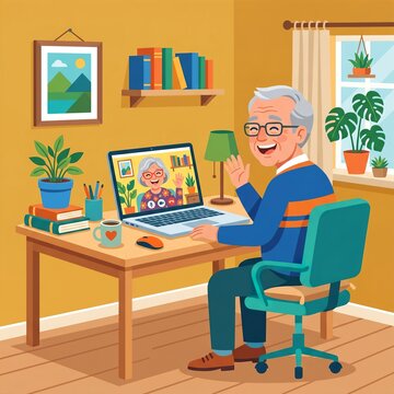 Happy senior man having a pleasant video call on his laptop computer while sitting comfortably at his home office desk for family communication