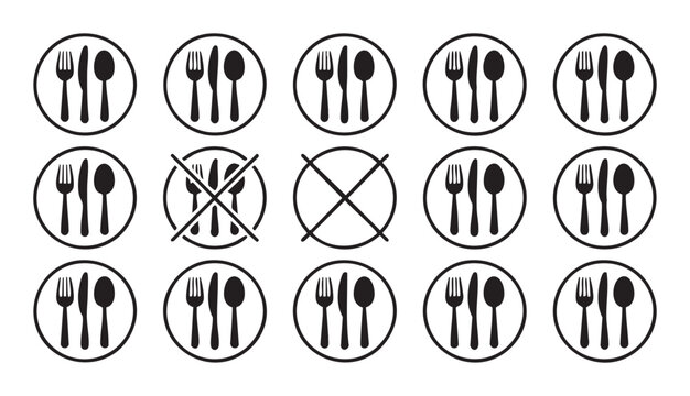 Set of flat icons depicting cutlery silverware forks spoons knives and plates on white background.