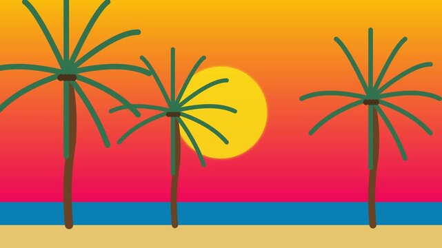 Tropical beach sunset with palm trees flat animation 4k background, summer