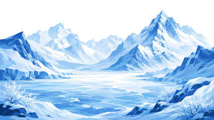Obraz premium Winter icy landscape with snowy mountains and frozen blue valley, winter, landscape, snow, mountains, ice, blue, frozen, valley,