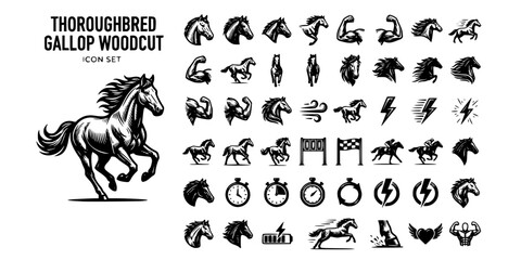 Thoroughbred Gallop Woodcut Black White-Muscular Stride Mane Flow Energy-Horse Power Vector-Gallop Icon Woodcut-Equestrian Design Set © T-Shop