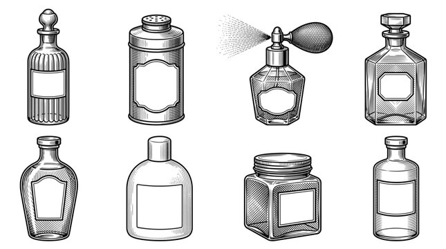 Set of Vintage Perfume Bottles and Cosmetic Containers in Engraved Style