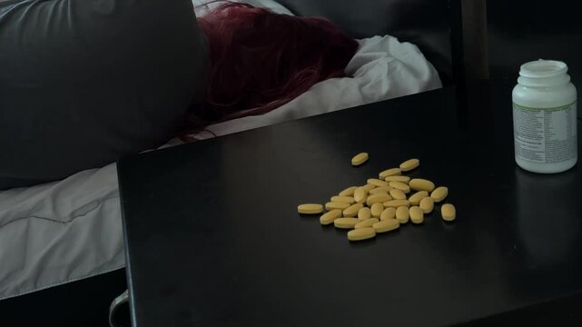 Pile of Yellow Pills on Bedside Table