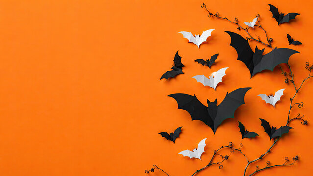 Halloween paper craft bats on orange background