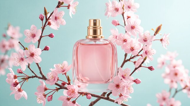 A pink perfume bottle surrounded by cherry blossoms on a light blue background