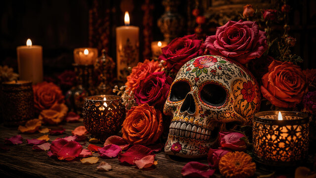 Dia de los muertos altar with sugar skull and roses