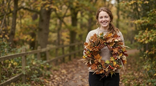 Smiling woman holding autumn leaf wreath in forest. Fall season celebration and nature craft. Autumn equinox and harvest theme
