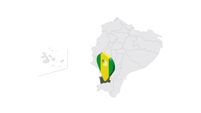 Location El Oro Province on map Ecuador. 3d El Oro Province emblem map marker location pin. Map of Ecuador showing different parts. 4K.  Animated Video