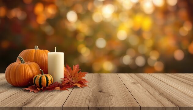 Autumnal harvest still life with pumpkins and candle
