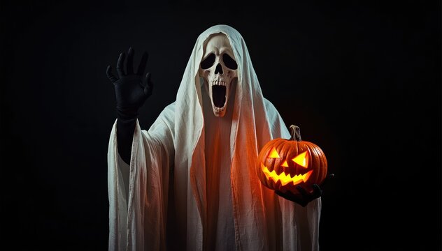 Terrifying ghostly figure with glowing jack o lantern