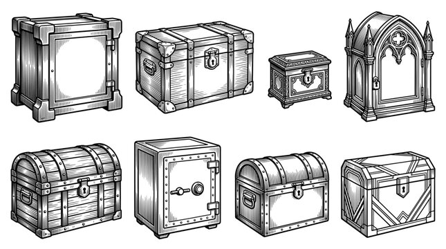 Collection of vintage chests, trunks, and safes in a hand-drawn woodcut or engraved style. Isolated set of various storage containers, treasure boxes, and vaults in black and white line art.