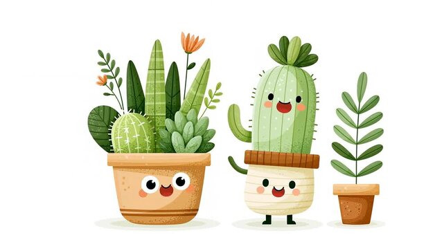 Cartoon cheerful flowerpot with flowers, flat design illustration