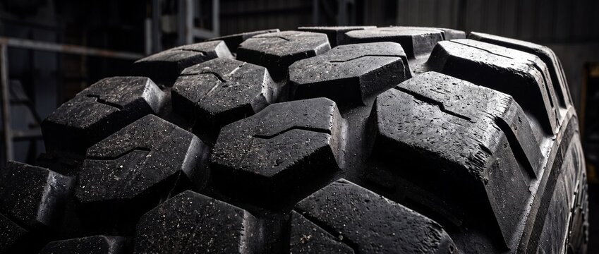 Heavy duty tire tread close up showing rugged hexagonal rubber blocks designed for off road vehicles and extreme terrain performance and durability