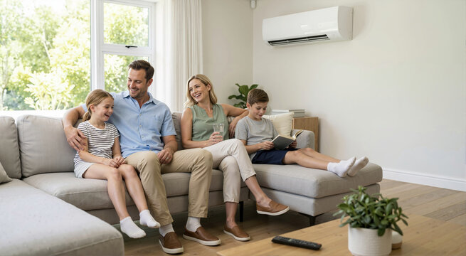 Family sitting on sofa enjoying cooling system comfort in hot summer. Relieving coolness and comfort at home. Happy parents and children relaxing under air conditioner