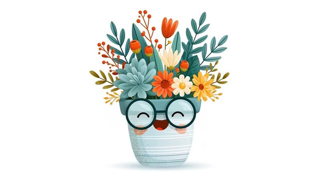 Cartoon cheerful flowerpot with flowers, flat design illustration