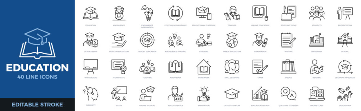 Education icon set. Learning, teaching, school and online education thin line icons. Editable stroke vector illustrations.