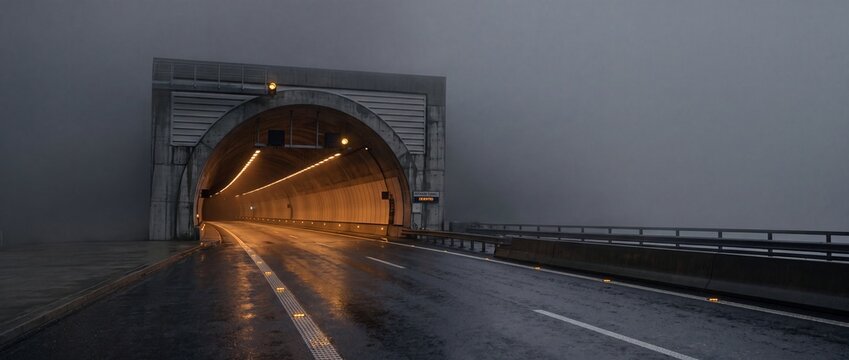 An entrance to a modern concrete tunnel with glowing yellow lights leading into the distance, on a wet road surrounded by thick fog