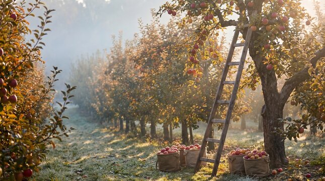 Sunlit autumn apple orchard rows featuring wooden ladder beside burlap harvest baskets filled with fruit with captures serene autumn orchard sunrise rows apple trees