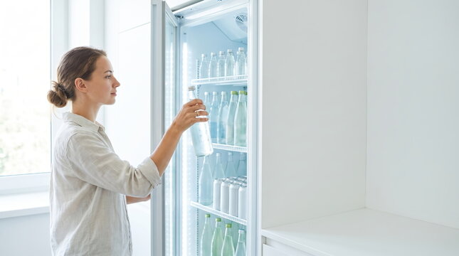 Woman choosing cold beverages from a grocery store refrigerator