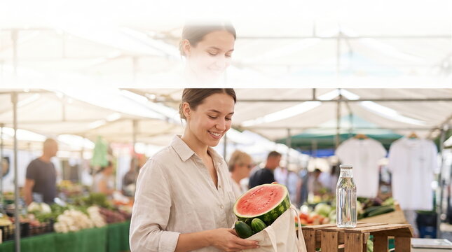 Woman buying bottled watermelon juice at a vibrant market