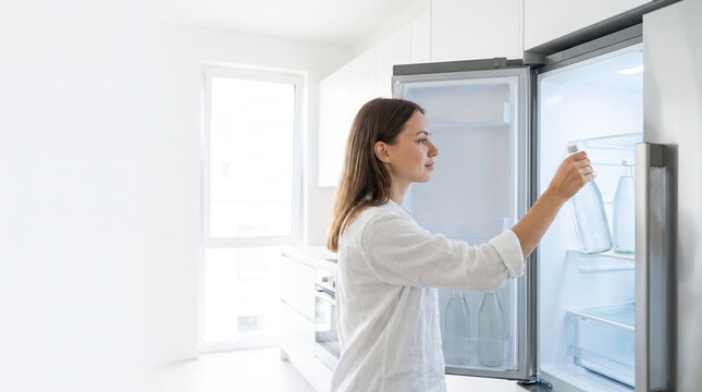 Woman choosing cold beverages from a grocery store refrigerator