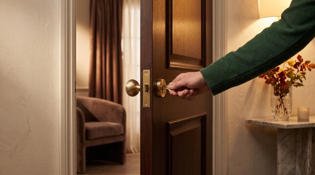 Person unlocking dark wooden interior door entering cozy living room space during golden hour light with person hand inserting inserting metal key