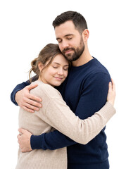 Fototapeta premium Young couple embracing with eyes closed showing affection and love PNG Isolated on transparent background