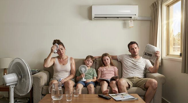 Family sitting in hot stuffy room with broken split system unit. Extreme heat and air conditioning failure concept. Parents and children sweating at home during summer heatwave