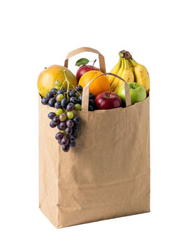 Paper grocery bag filled with fresh assorted fruits like apples bananas oranges mango and grapes PNG Isolated on transparent background