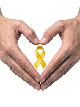 Hands forming a heart shape around a yellow awareness ribbon symbolizing support and hope Setembro Amarelo PNG Isolated on transparent background