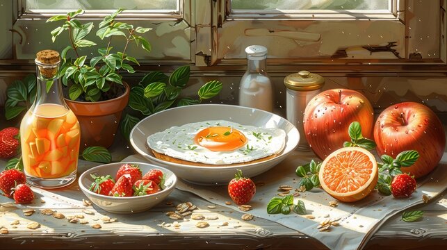 Fresh Nutritious Breakfast Spread with Fried Egg Fruits and Healthy Fruit Infused Water Drink