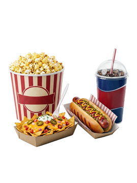 Movie theater snacks popcorn hot dog nachos and soda PNG Isolated on transparent background