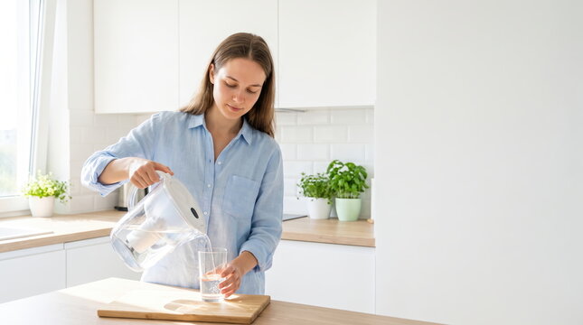 Woman pouring fresh water from a pitcher into a glass