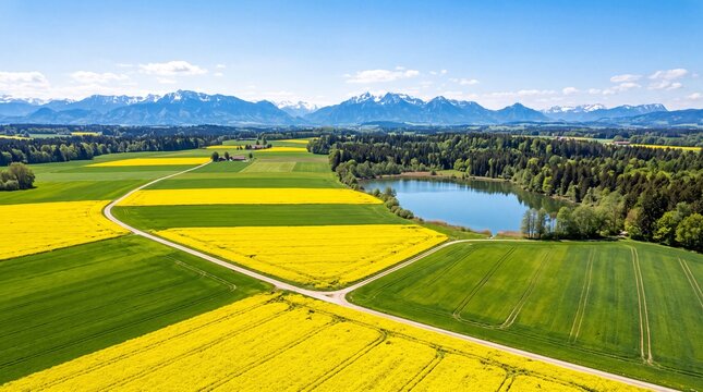 Aerial view of a serene countryside landscape with patchwork fields, a tranquil lake, and majestic mountains in the background.