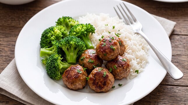 A plate of meatballs, steamed broccoli, and white rice on a wooden table with a fork.