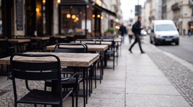 A sidewalk cafe with empty tables and chairs on a city street