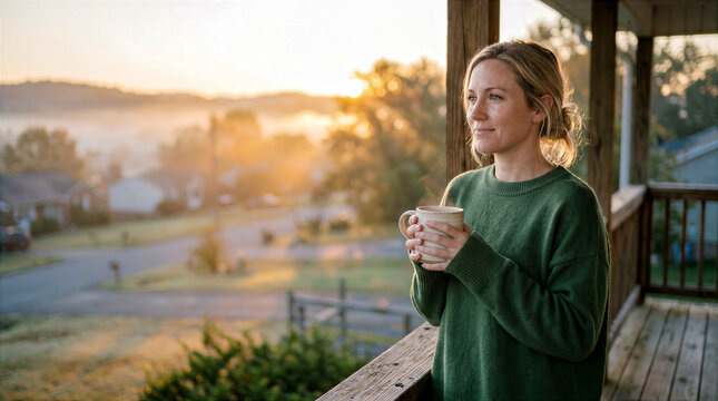 calm, focused woman pondering and doubting a divorce decision, a European-American woman standing on her porch at dawn with a cup of coffee, copy space for text about divorce lawyer services