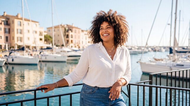 A young woman with curly hair smiling and leaning on a railing in a marina with boats and buildings in the background.