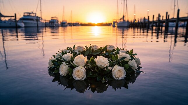 A serene wreath of white roses floats on calm water at sunset with boats docked in the background.