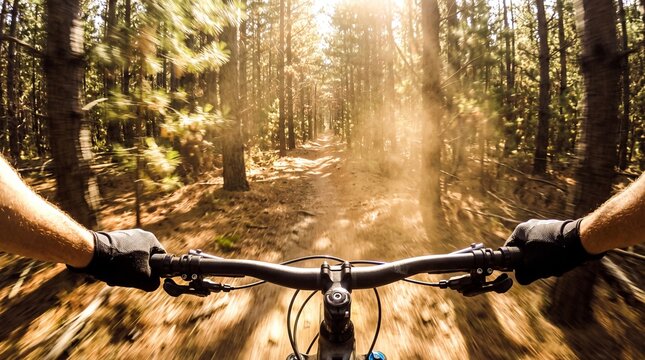 A mountain biker rides down a dirt trail through a forest with sunbeams shining through the trees.
