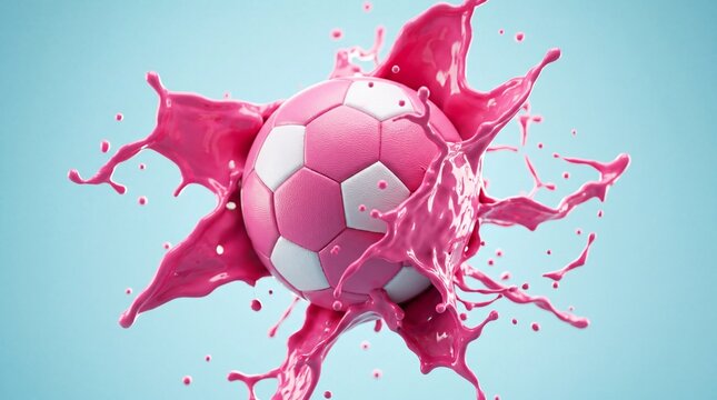 A pink soccer ball with white panels surrounded by splashes of pink paint on a light blue background