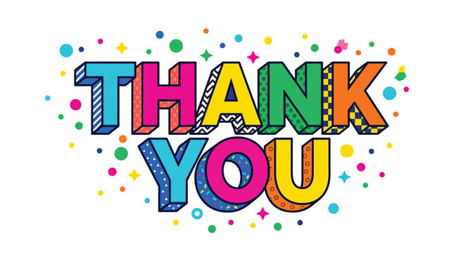 Colorful thank you typography design featuring bold block letters with playful patterns and vibrant confetti elements
