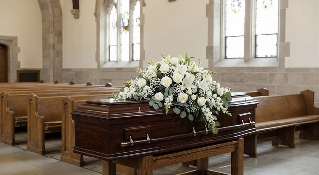 Dark wooden casket with white rose and lily floral spray in a church chapel. Traditional funeral service setting with wooden pews and stained glass windows