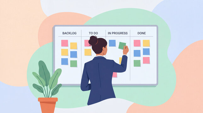 Woman planning tasks on kanban board with colorful sticky notes. Flat vector illustration of project management, agile workflow, sprint planning, task organizer, and productivity