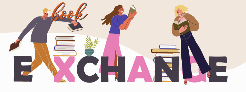 Book exchange text, tiny people. Vector hand drawn illustration