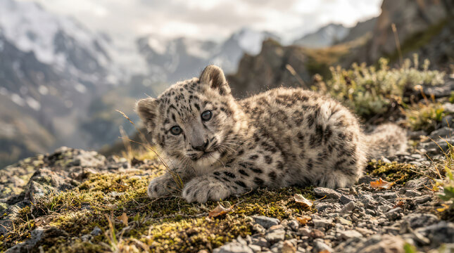 Adorable Snow Leopard Cub Resting on Rocky Mountain Terrain.