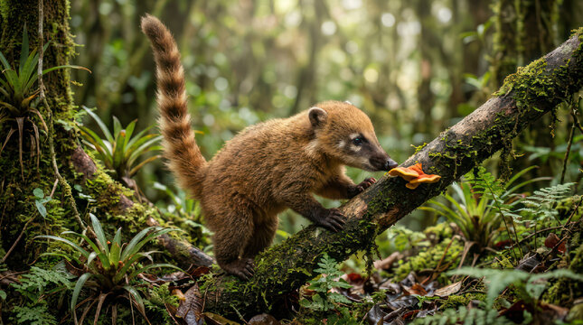 Coati eating fruit on a mossy tree branch in a lush forest.