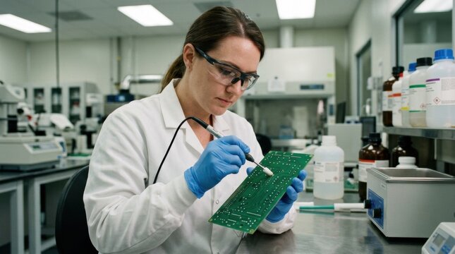 Medium shot of a technician performing a permanganate desmear process carefully cleaning a circuit board hole wall to remove resin smear before plating in a controlled lab